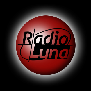 Logo di Radio Luna su sfondo nero con sfera rossa e testo nero.
