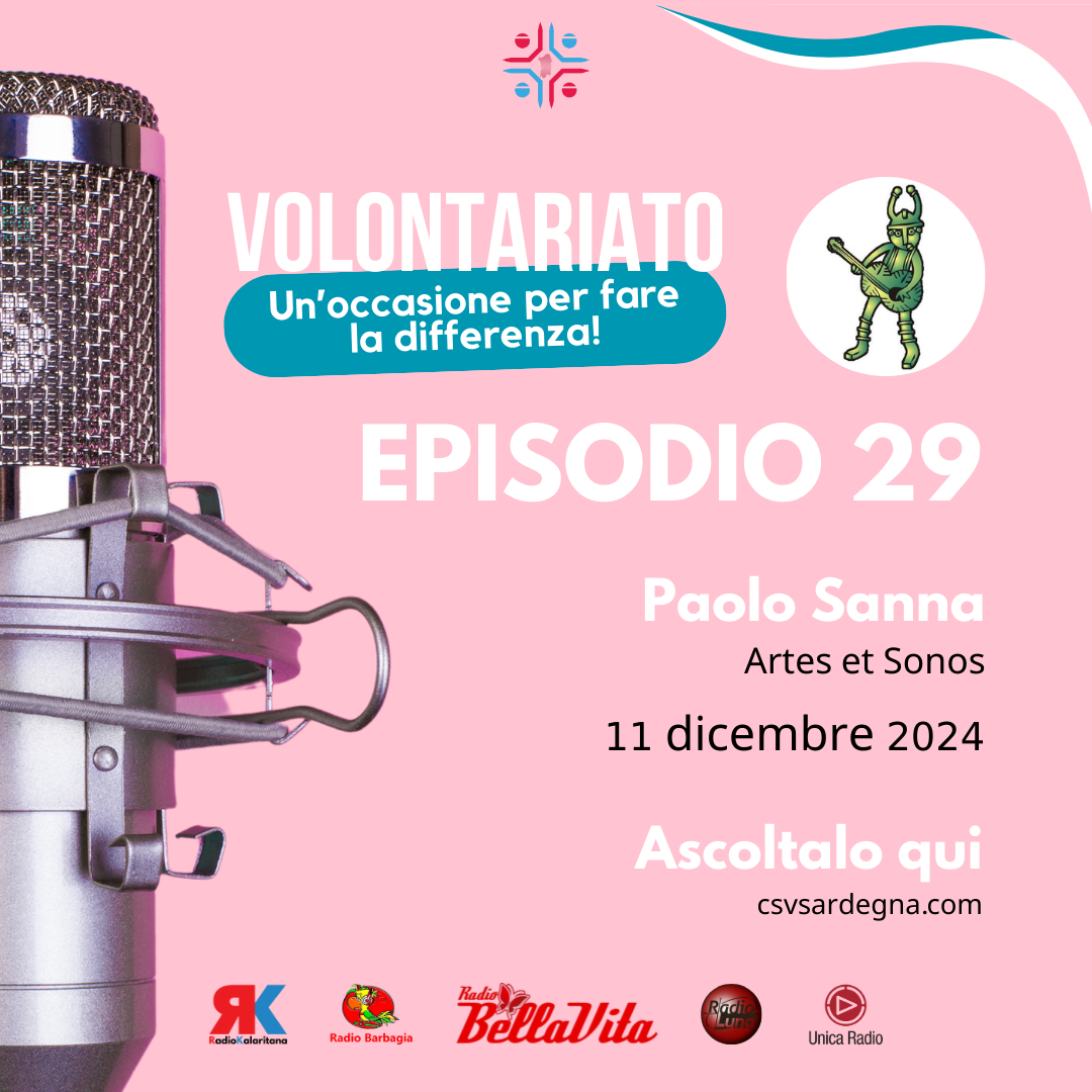 Locandina podcast "Volontariato", episodio 29 con Paolo Sanna, 11 dicembre 2024, microfono a sinistra.