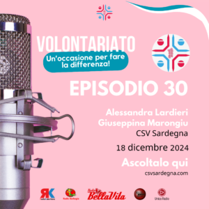 Locandina podcast sulla volontariato con microfono, episodio 30, CSV Sardegna.