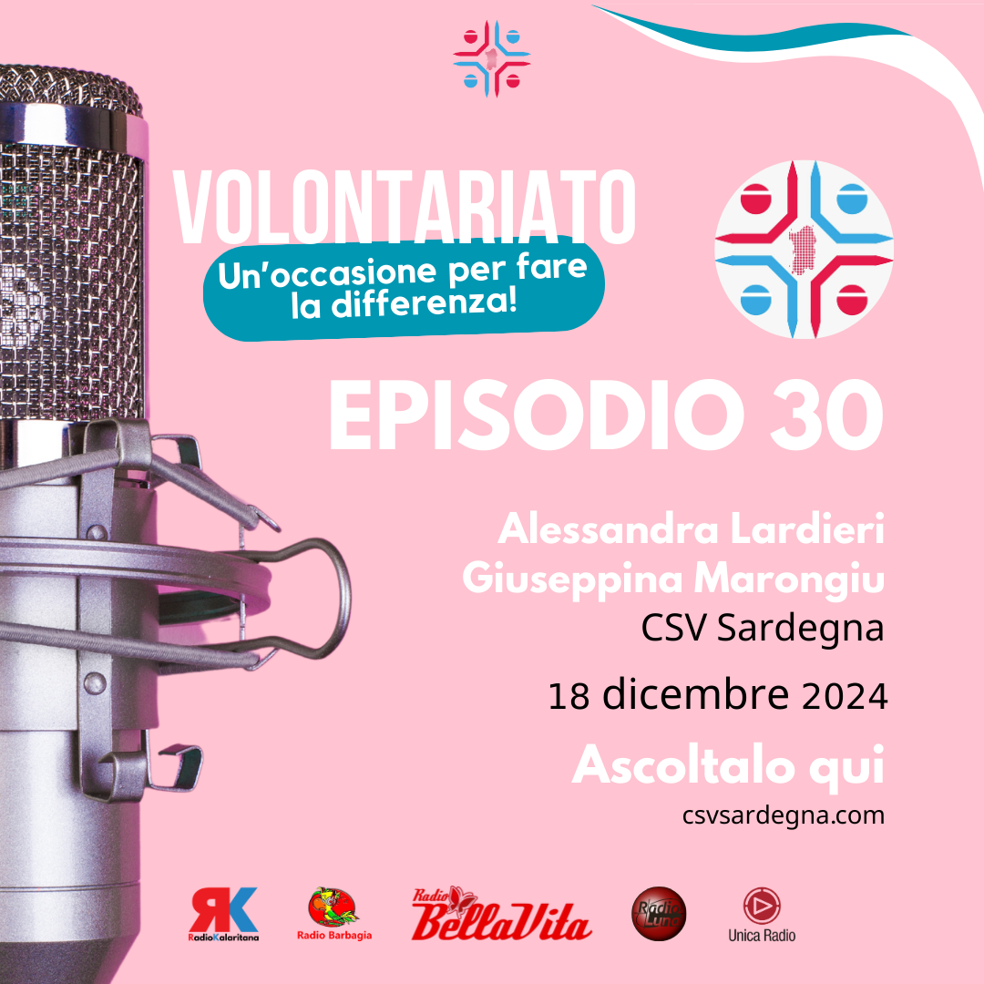 Locandina podcast sulla volontariato con microfono, episodio 30, CSV Sardegna.