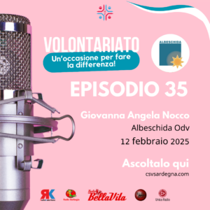 Grafica promozionale podcast su volontariato, episodio 35, con microfono e logo Albeschida ODV.