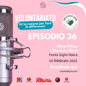 Grafica promozionale podcast su volontariato con microfono e informazioni episodio 36.