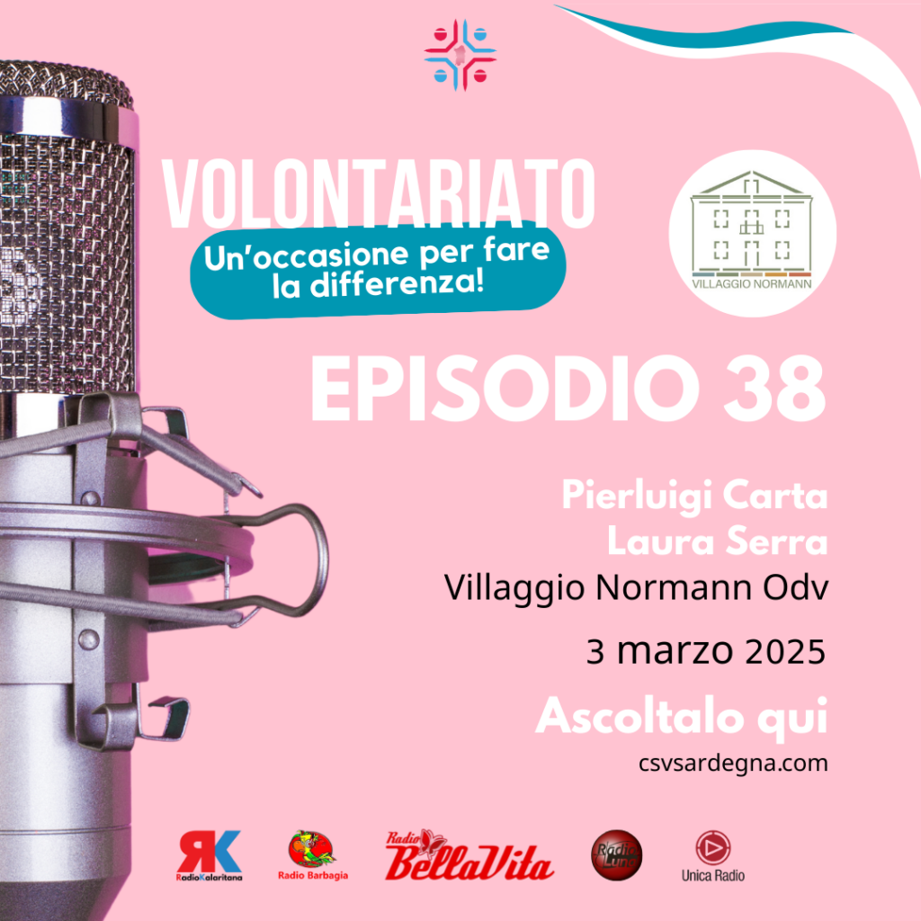 Promozione podcast volontariato, episodio 38, con microfono e dettagli ospiti e data.
