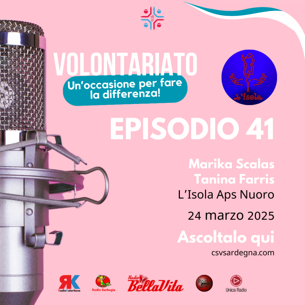 Podcast volontariato episodio 41, microfono e dettagli evento del 24 marzo 2025.